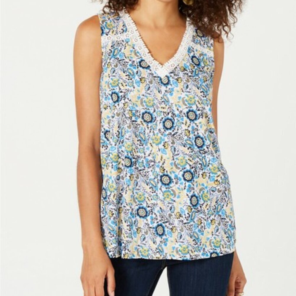Style & Co Women's Size 2X Floral Print Crochet Lace V-Neck Lined Sleeveless Top